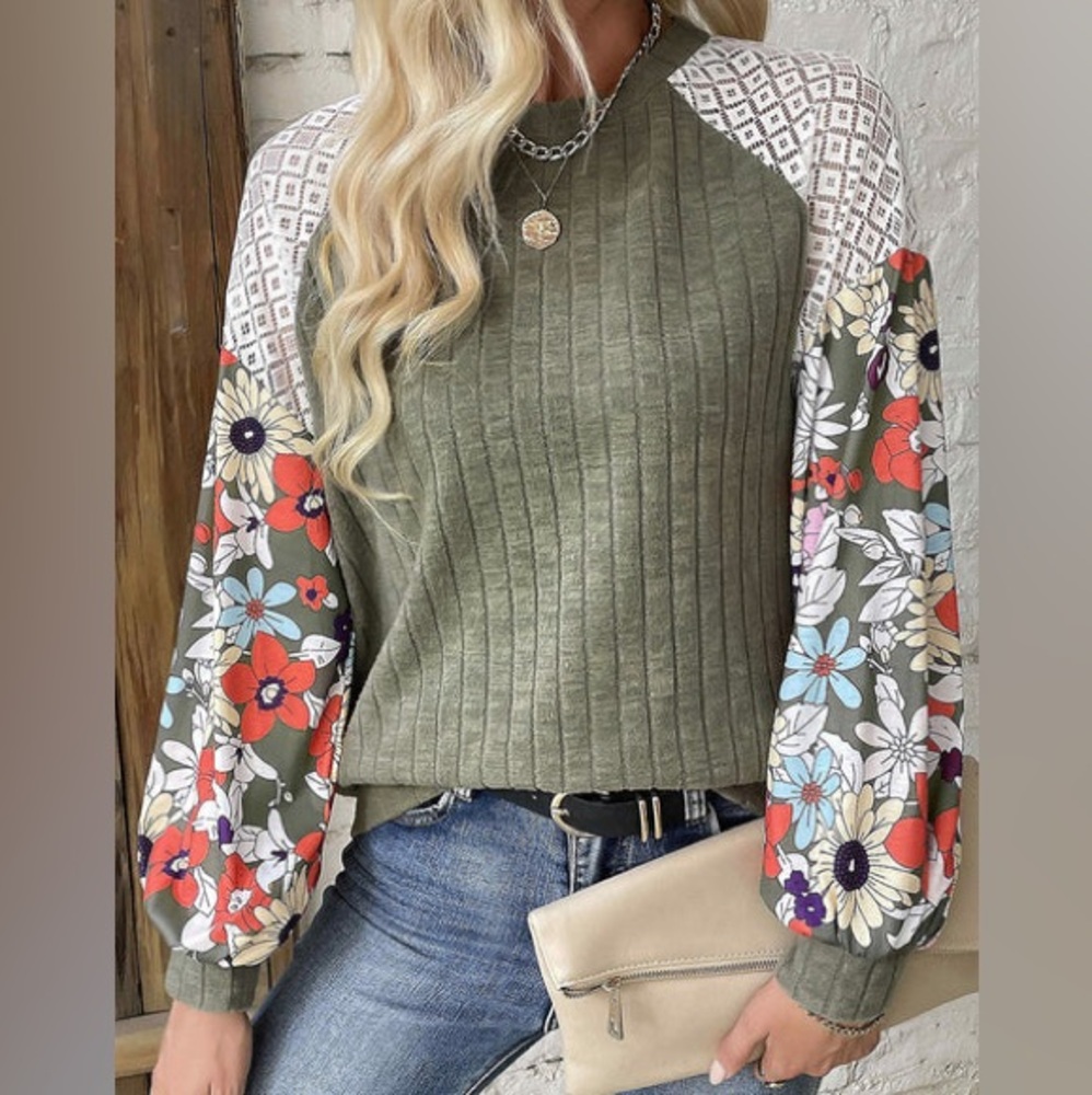 Floral Patchwork Long Sleeve Ribbed Blouse Size:XL